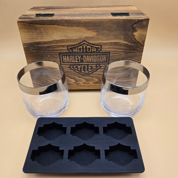 Harley-Davidson Whiskey Glass Set with Silicone Ice Tray and Wood Box 4pc Set - Picture 4 of 16